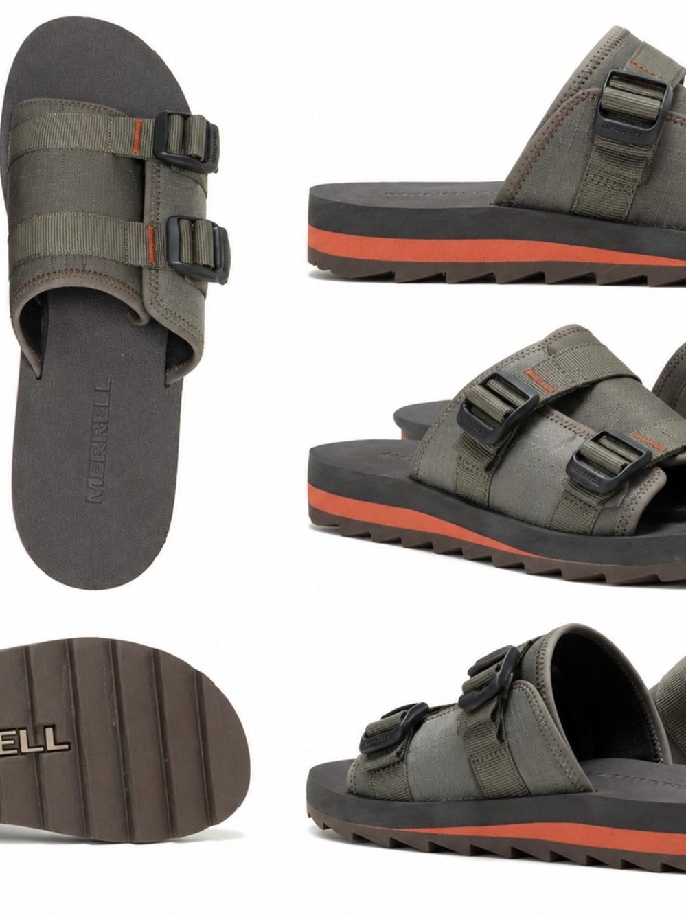 Merrell Men's ALPINE Slide Sandals Olive Green with Orange Accent